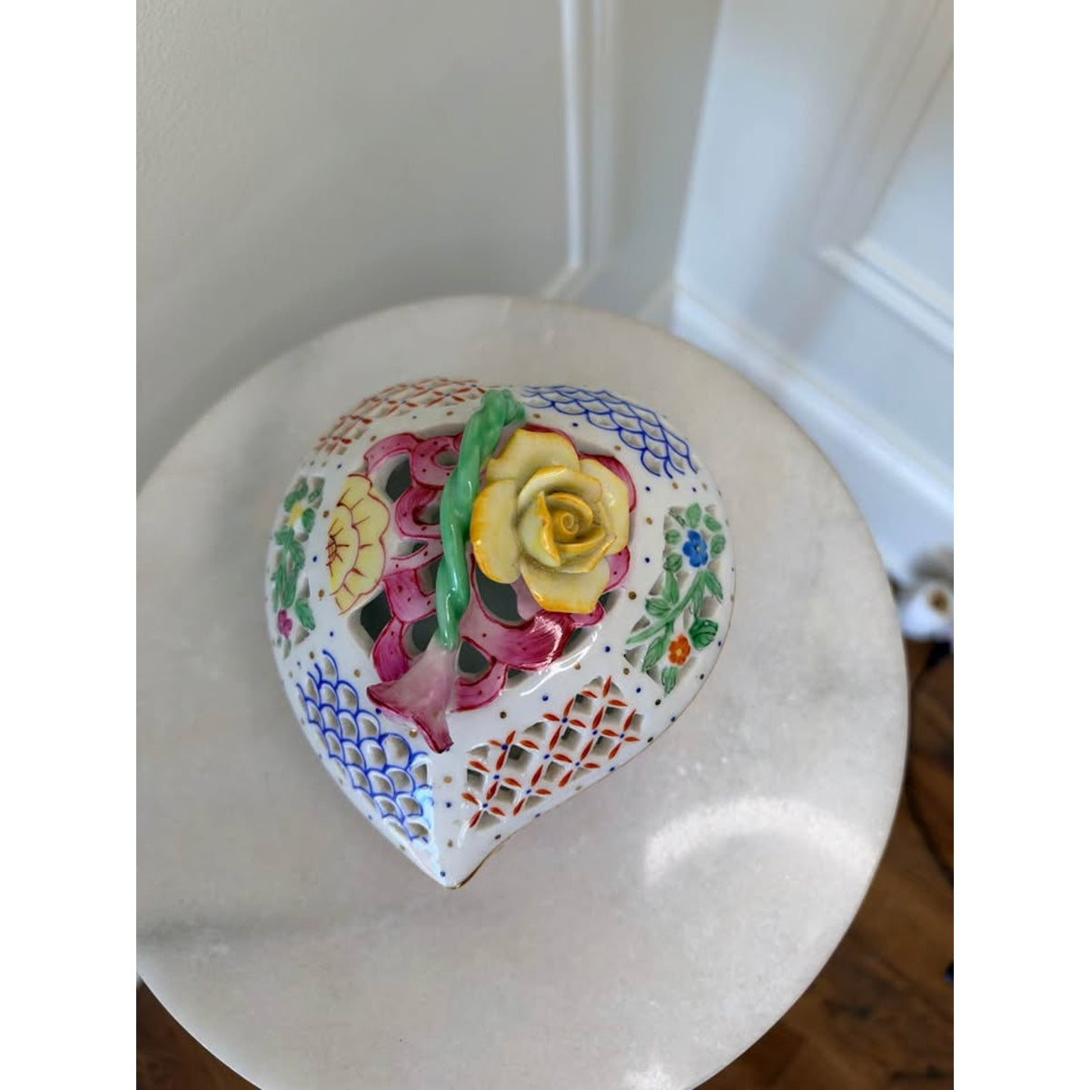 Vintage Reticulated Heart Shaped Porcelain Trinket Box