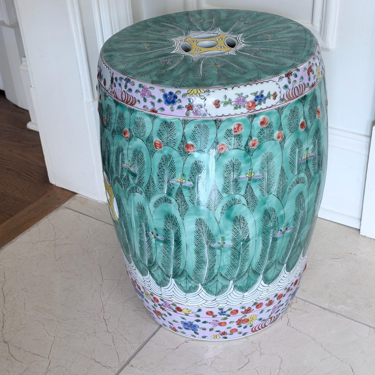 Chinese Famille Verte Bok Choy Garden Drum Stool with Coin Motif