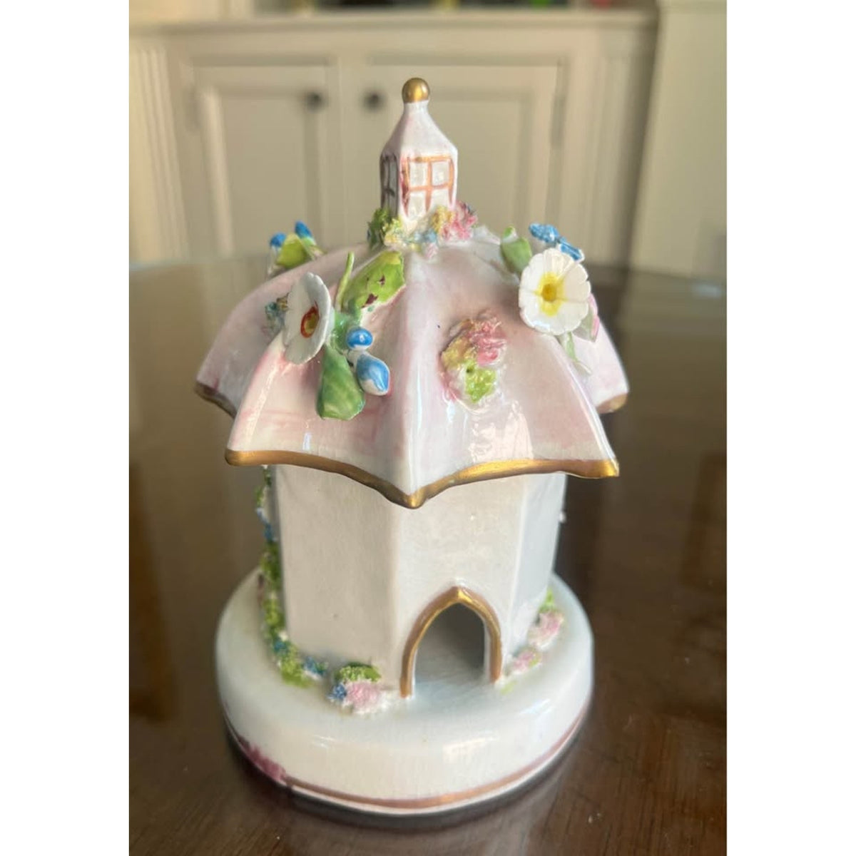 Vintage Staffordshire-Style Porcelain Cottage Pastille Burner with Applied Flowers
