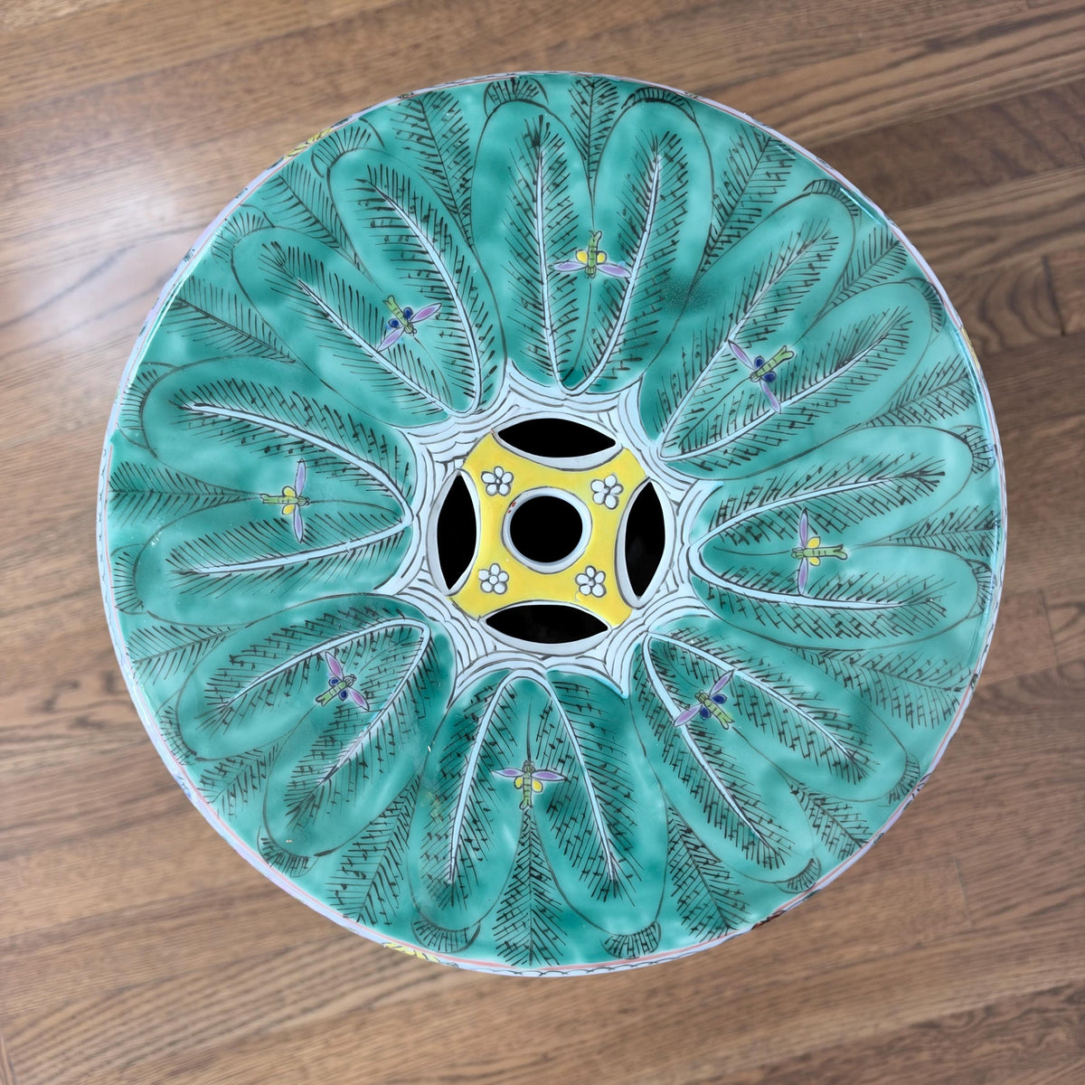 Chinese Famille Verte Bok Choy Garden Drum Stool with Coin Motif