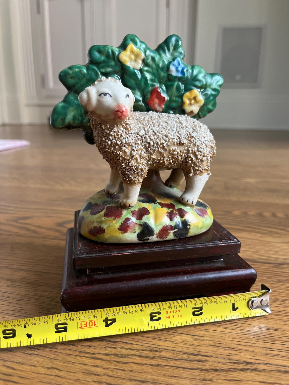 Vintage Staffordshire Style Sheep Figurine with Wood Stand