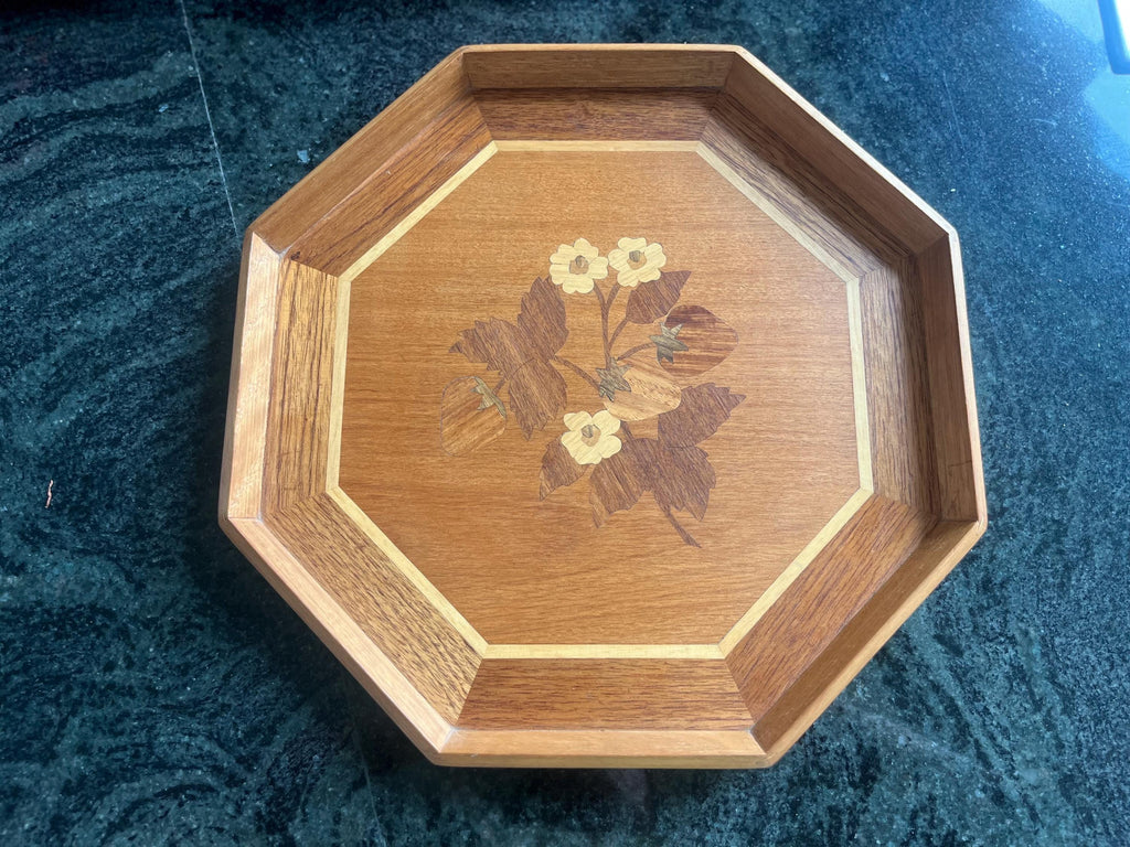 Vintage Strawberry Marquetry Wood Tray, 14” Octagonal