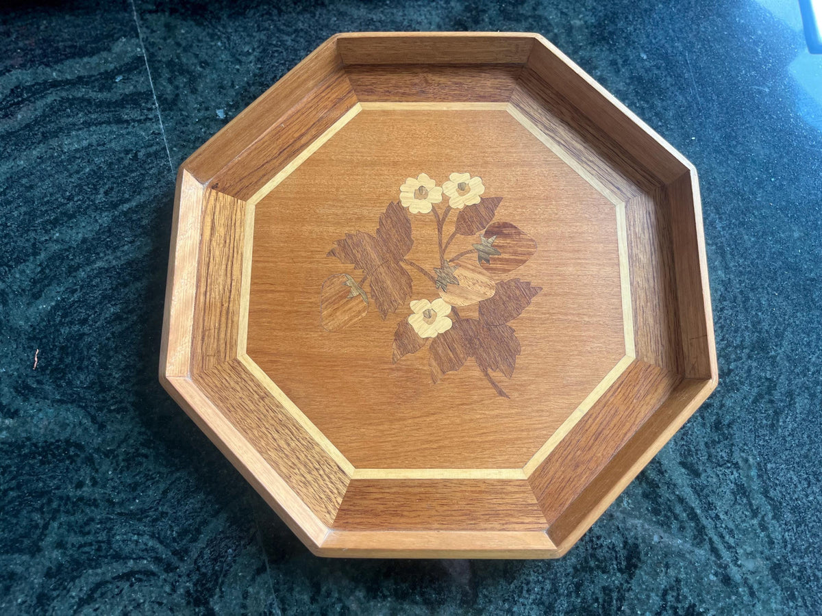 Vintage Strawberry Marquetry Wood Tray, 14” Octagonal