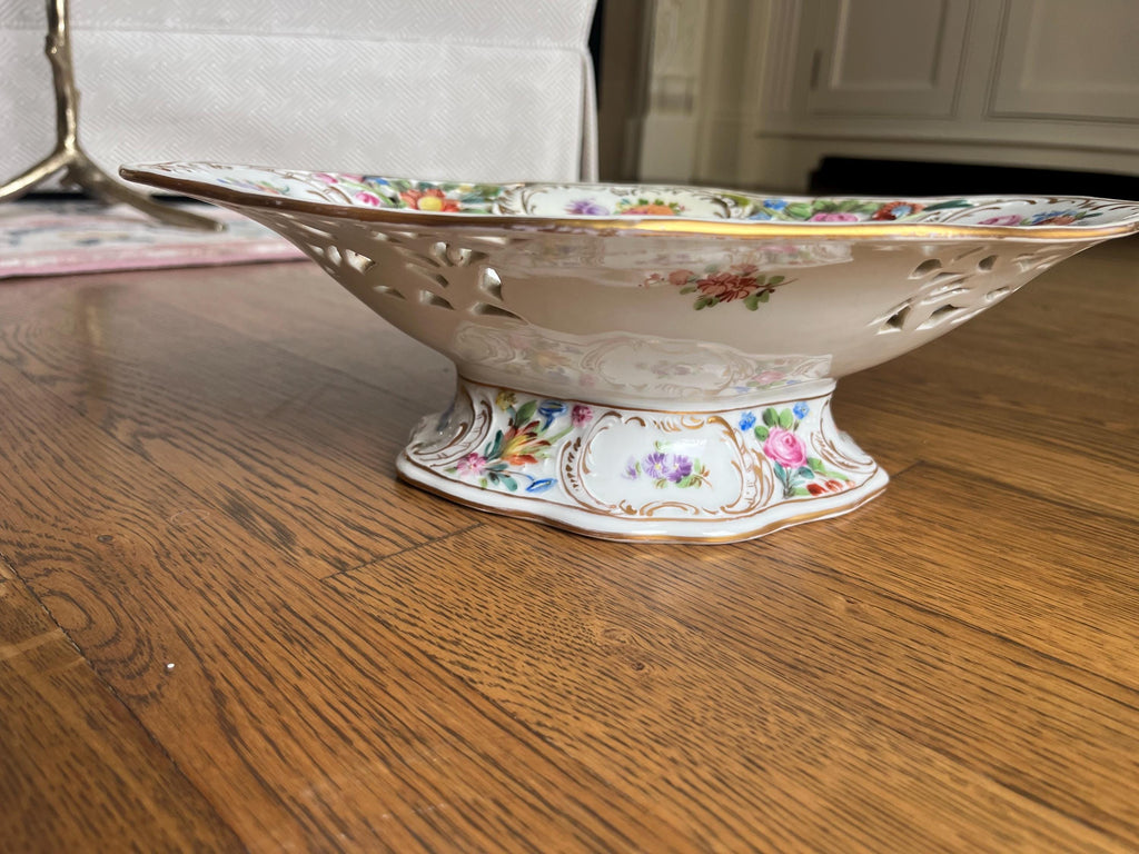 Antique Carl Thieme Dresden Porcelain Reticulated Compote Footed Bowl