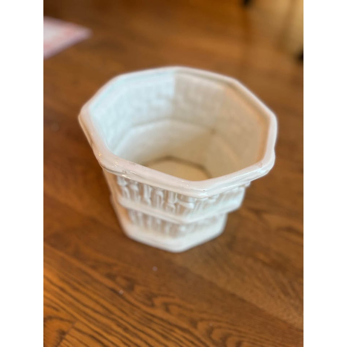 Vintage Bamboo Basketweave Banded Ceramic Planter Cachepot
