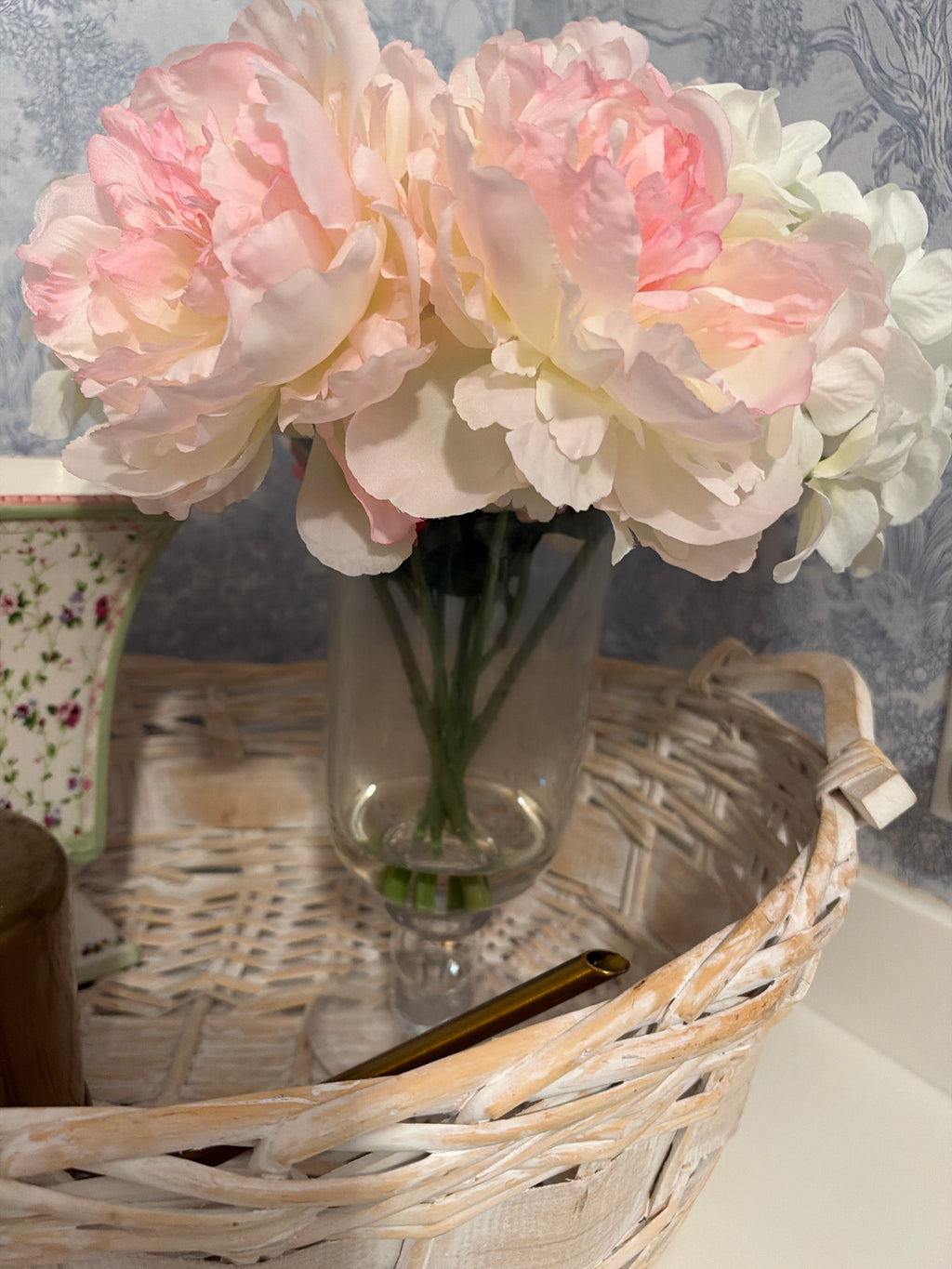 Pink & White Faux Floral Arrangement in Glass Pedestal Vase