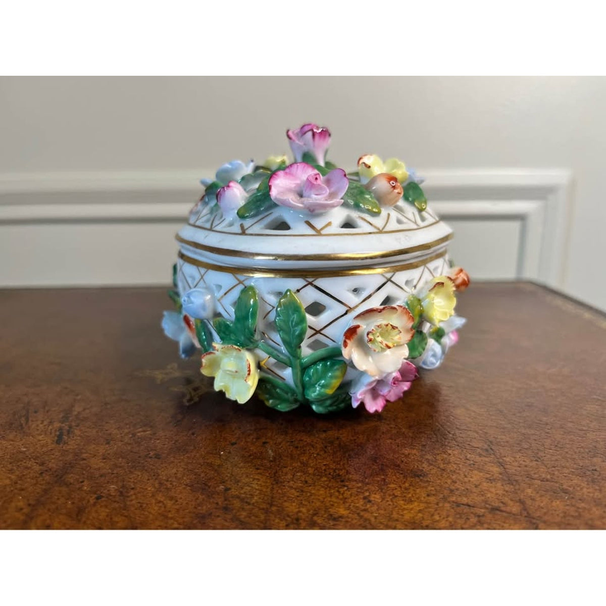Vintage KPM-Marked Porcelain Floral Pierced Trinket Box