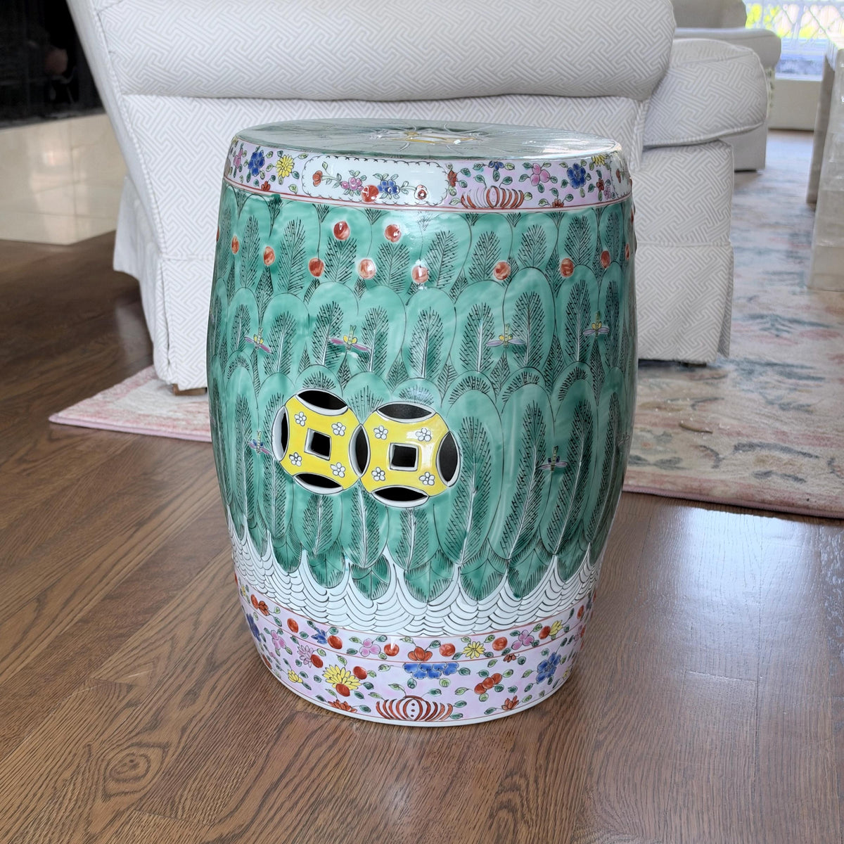 Chinese Famille Verte Bok Choy Garden Drum Stool with Coin Motif