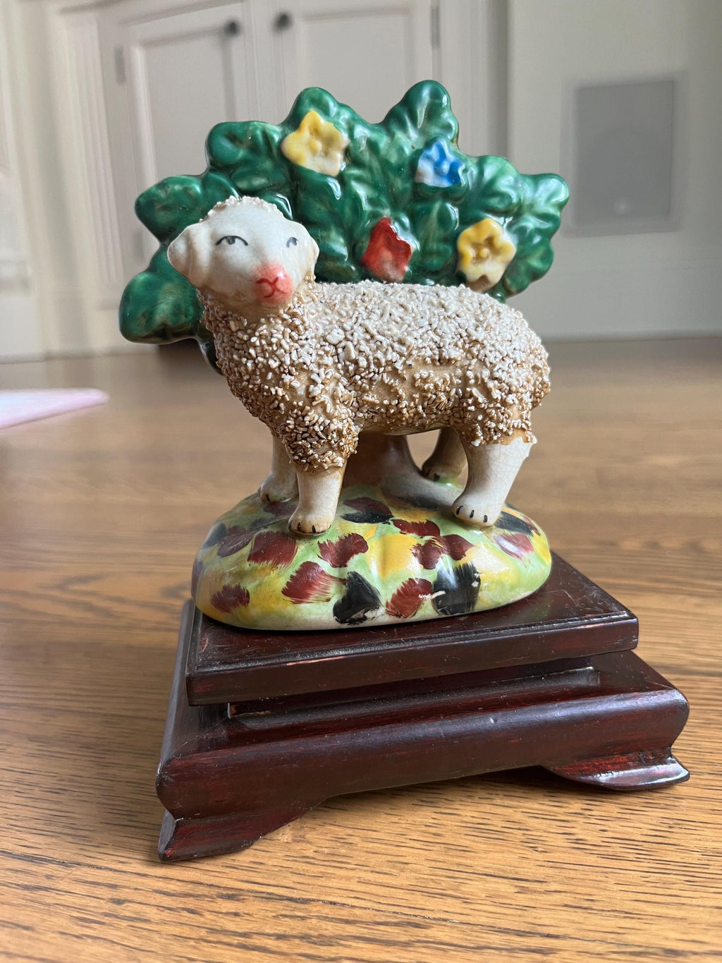 Vintage Staffordshire Style Sheep Figurine with Wood Stand