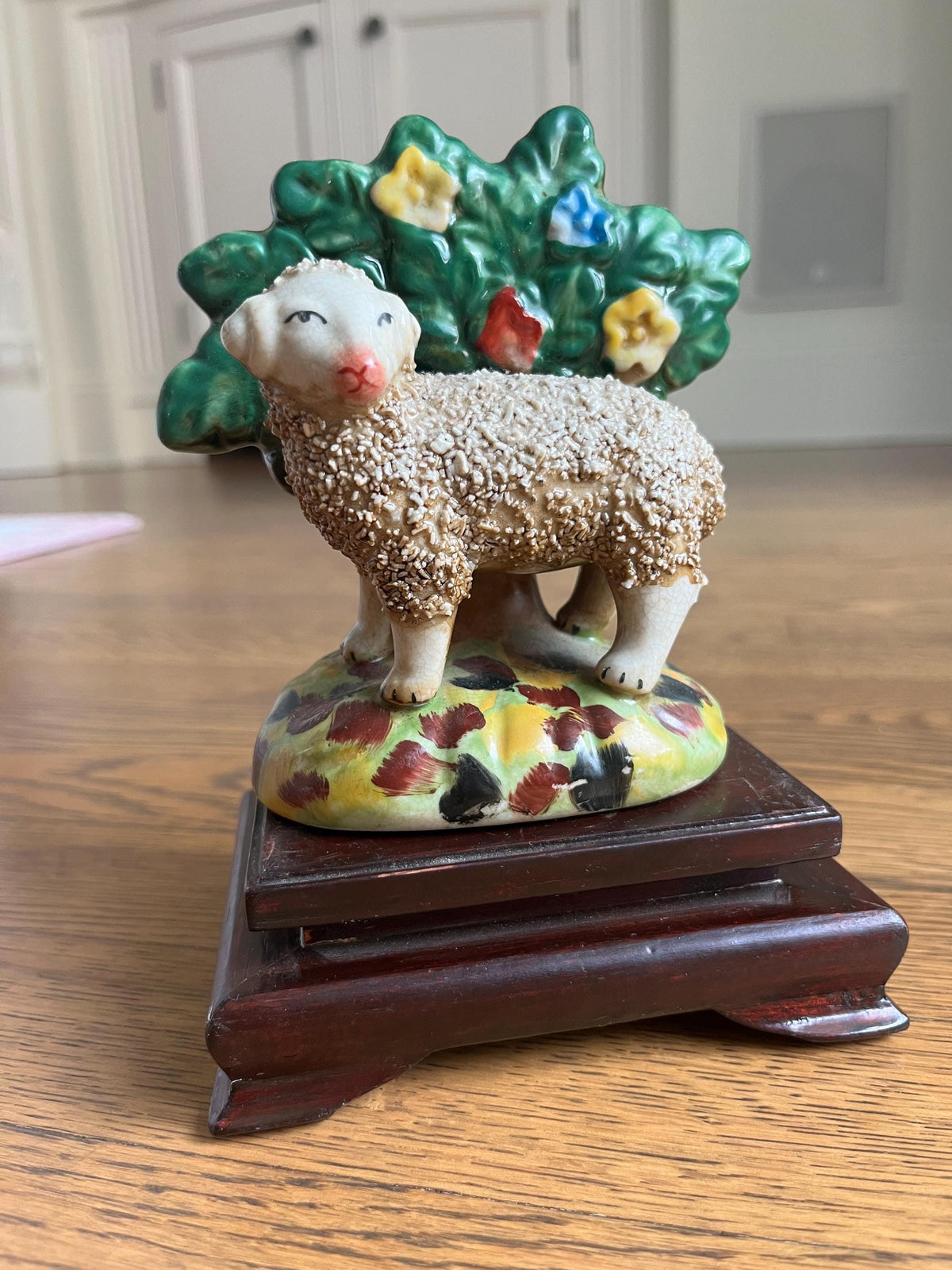 Vintage Staffordshire Style Sheep Figurine with Wood Stand