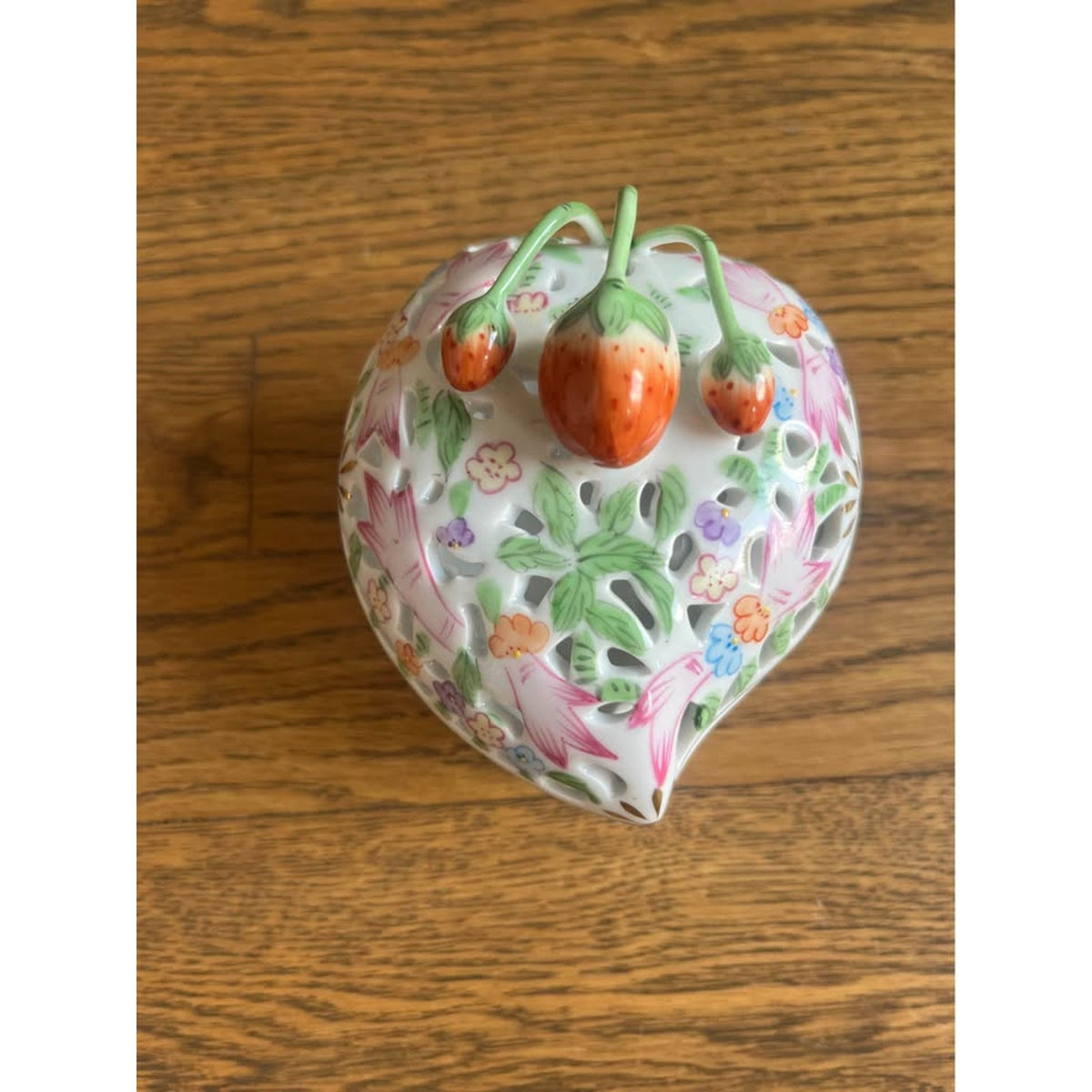 Sweet Porcelain Strawberry Heart Trinket Dish / Covered Box