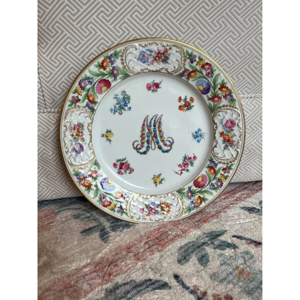 LARGE RARE PATTERN Dresden Schumann Bavaria Marie Antoinette Monogram Floral Cabinet Charge Plate
