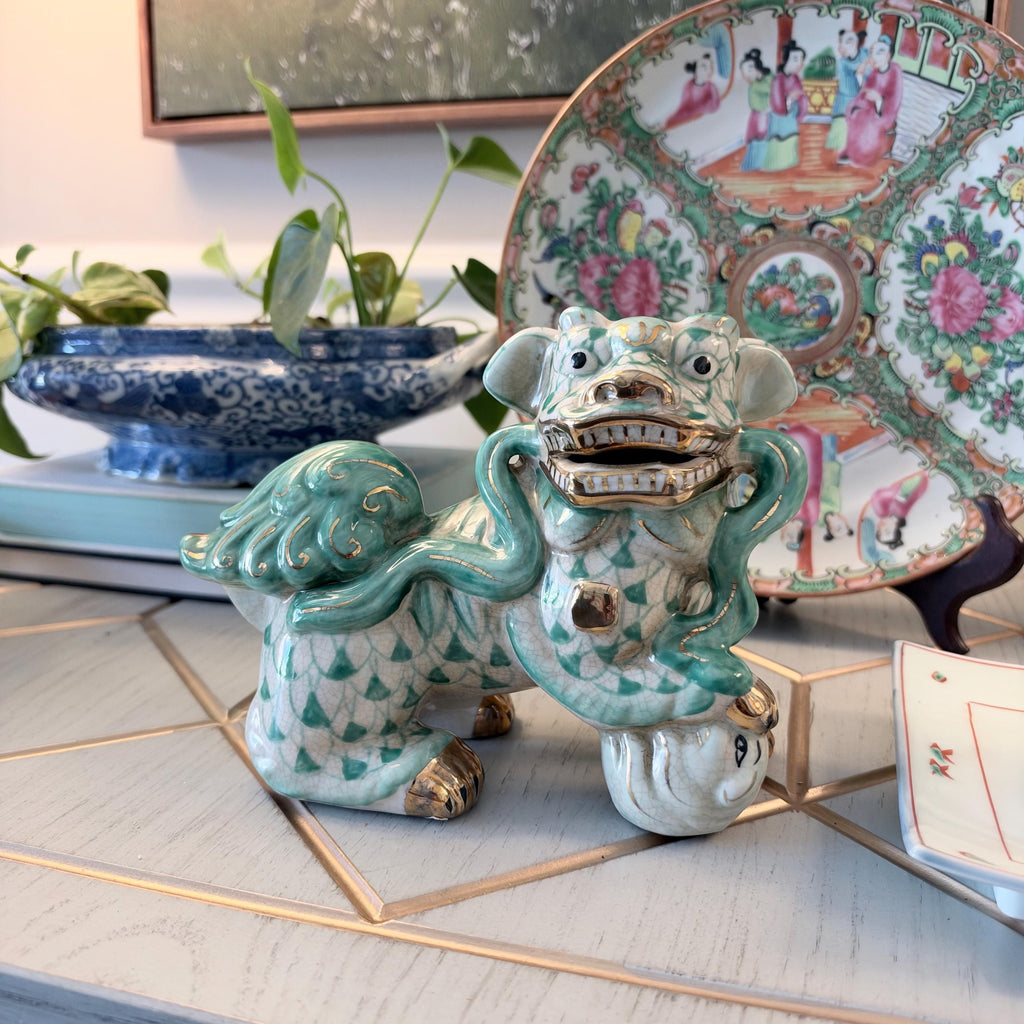 Teal and White Fishnet Fishscale Chinese Porcelain Foo Dog Figurine Pair Bookends