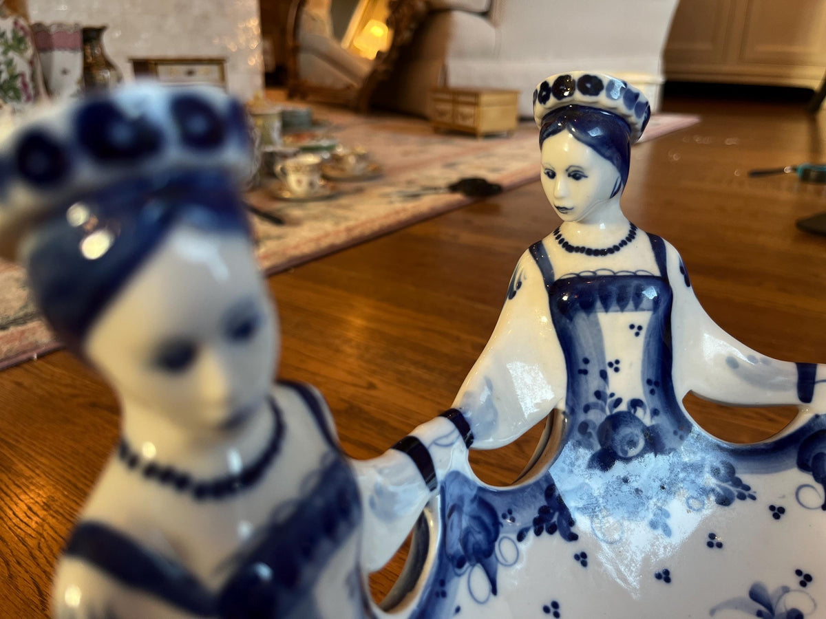 Vintage Russian Gzhel Porcelain Bowl | Hand-Painted Dancing Women, Blue Floral (12 Inch)