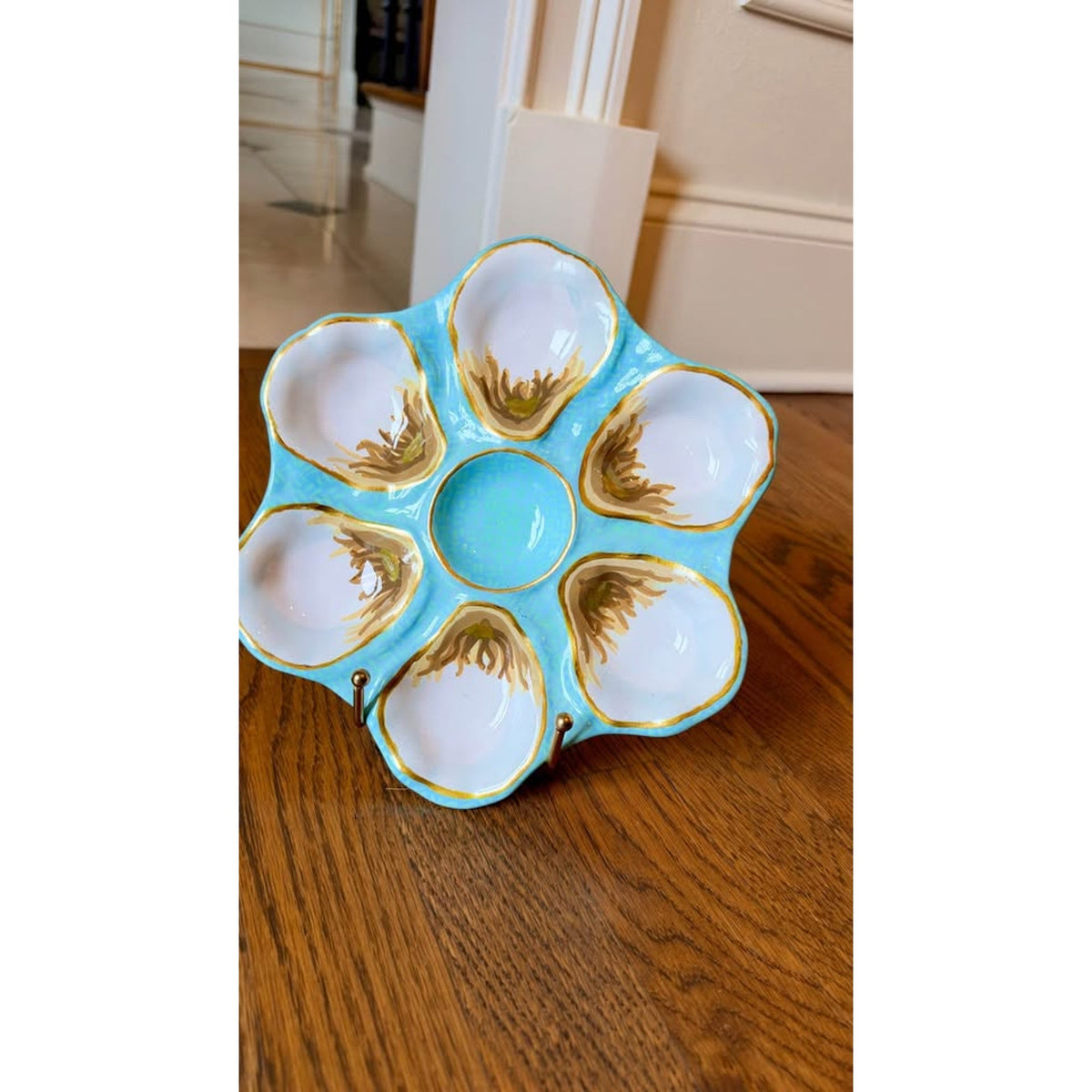 Pair Hand-Painted Oyster Plates – Aqua, Blush & Gold – 9”