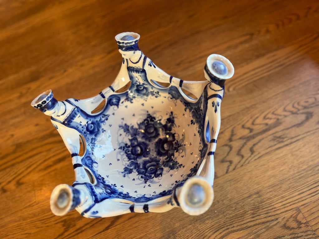 Vintage Russian Gzhel Porcelain Bowl | Hand-Painted Dancing Women, Blue Floral (12 Inch)