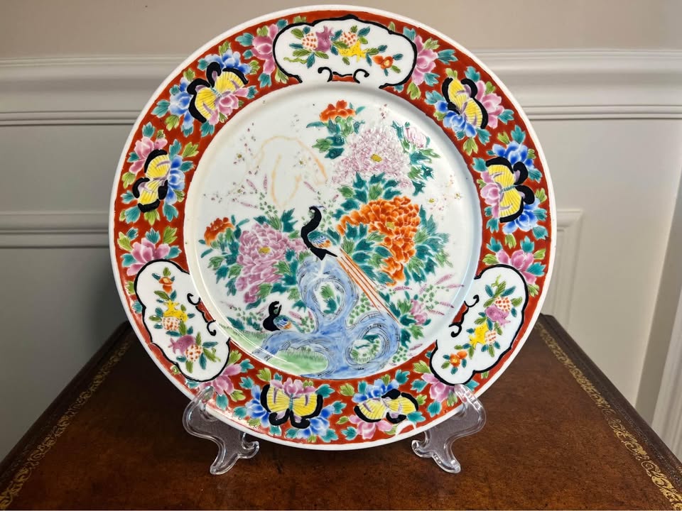 Pair Vintage Chinese Famille Rose Peacock & Floral Porcelain Plates