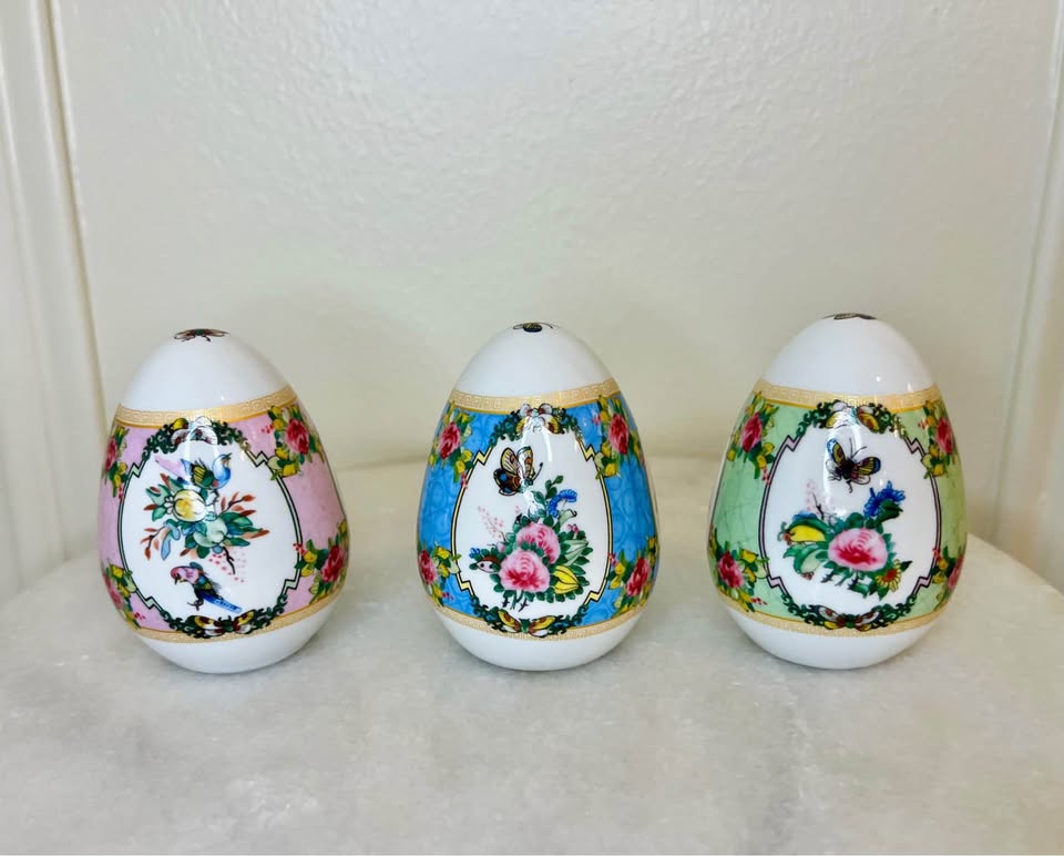 Decorative Porcelain Rose Medallion Egg Trio Chinoiserie Floral, Bird & Butterfly Design