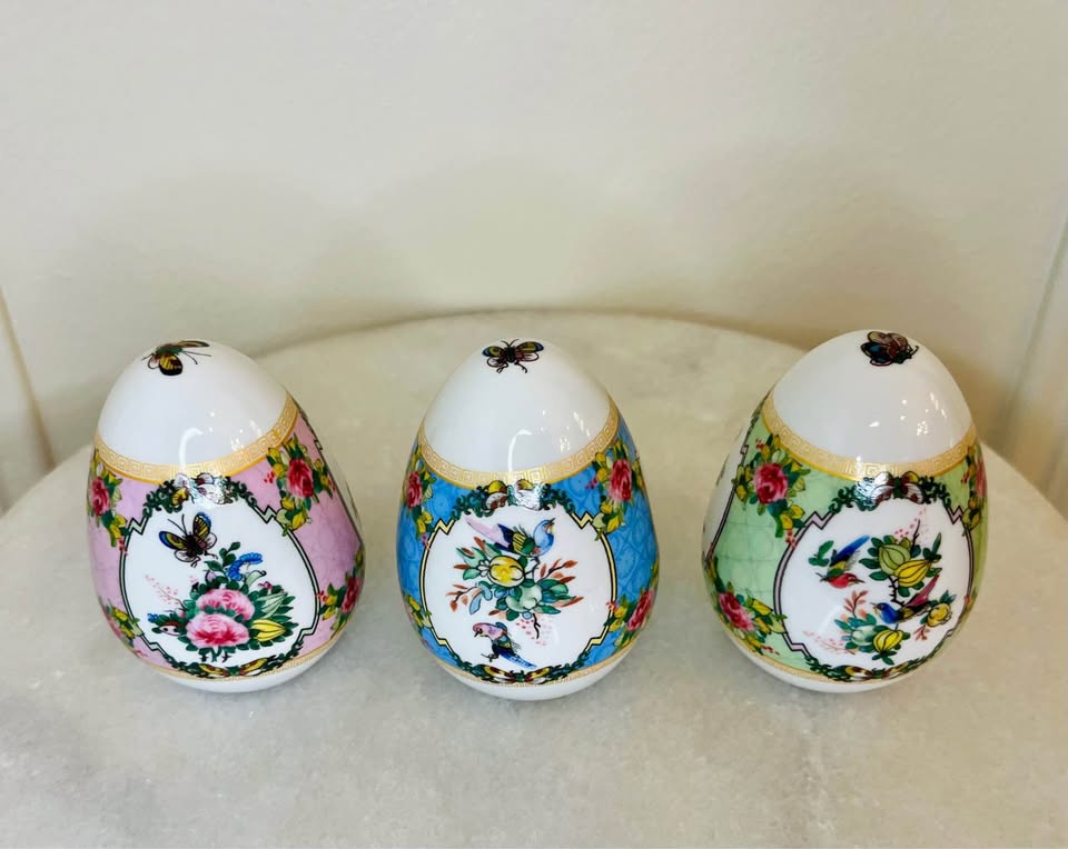 Decorative Porcelain Rose Medallion Egg Trio Chinoiserie Floral, Bird & Butterfly Design