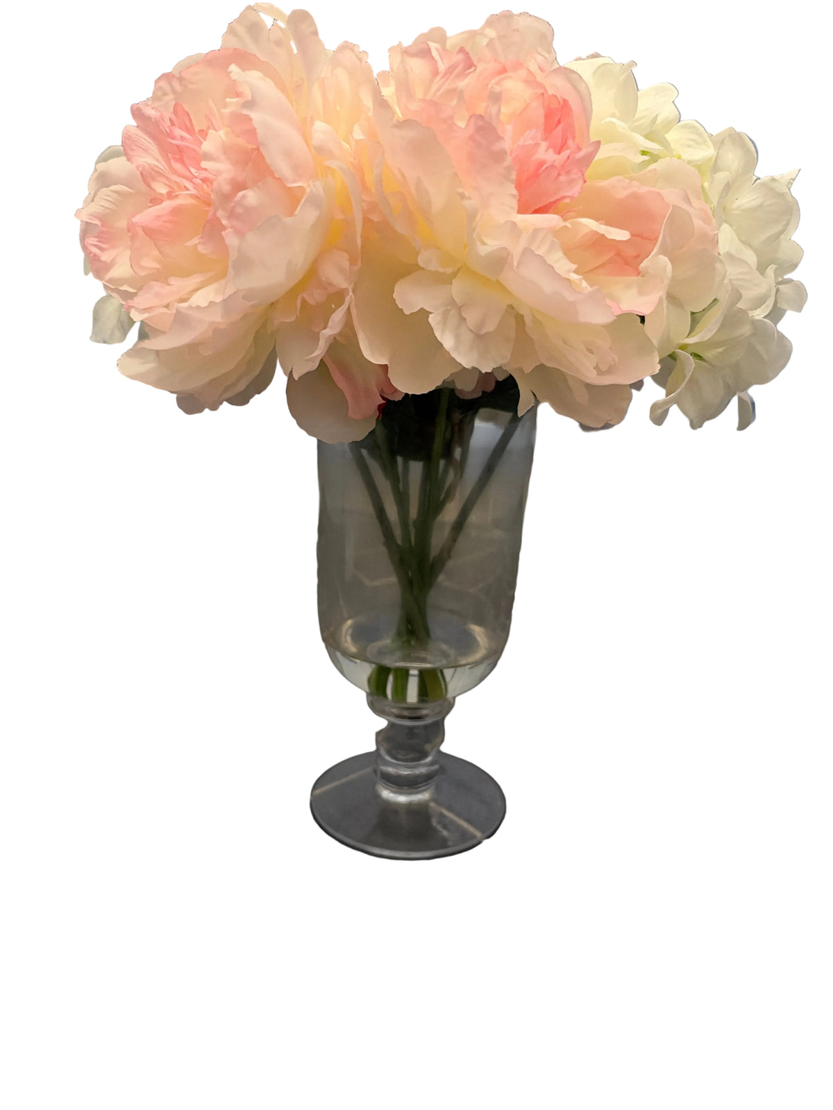 Pink & White Faux Floral Arrangement in Glass Pedestal Vase