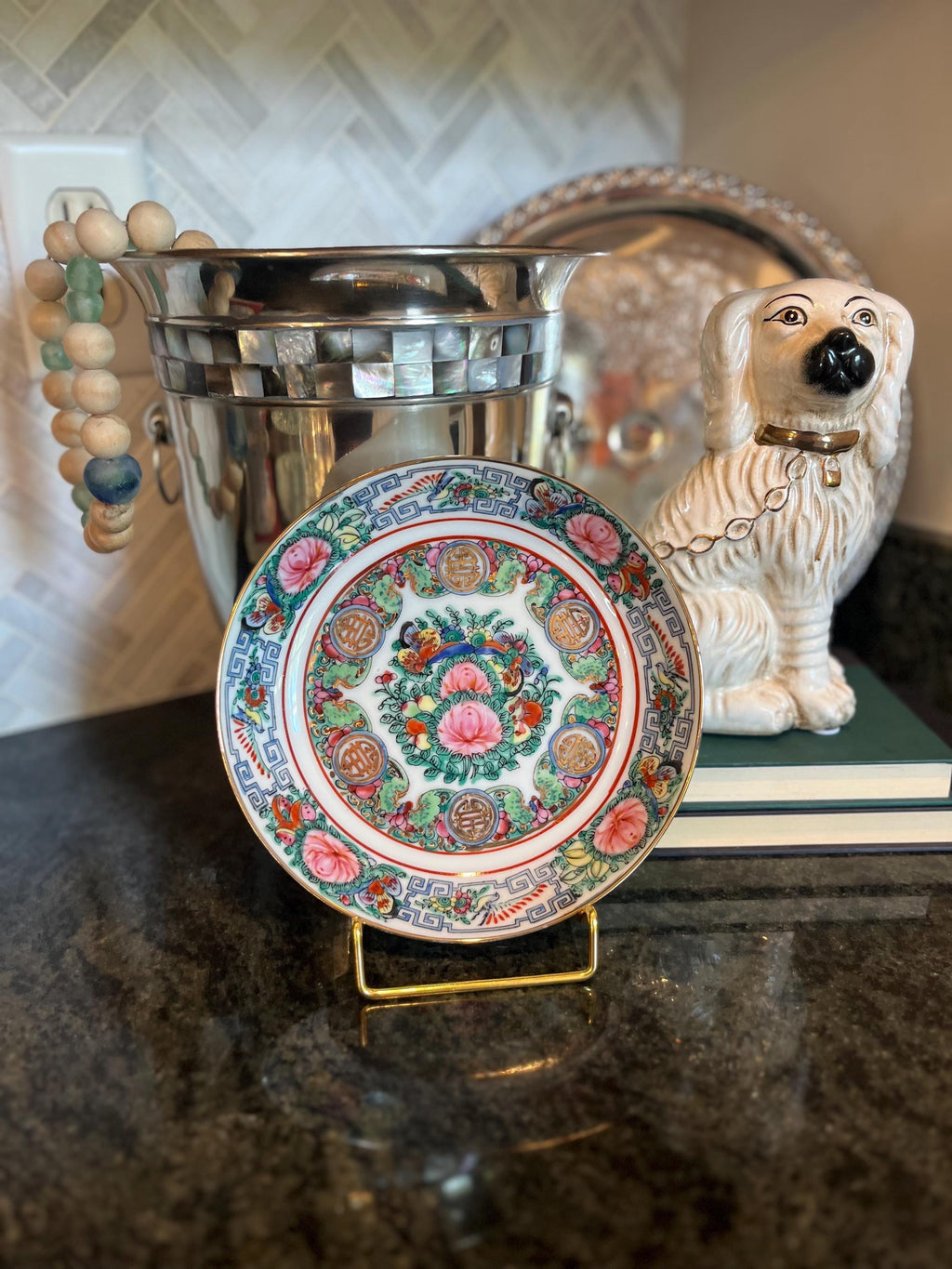 Rose Medallion Famille Rose Porcelain Bowl, Chinoiserie Floral Gilt Dish (7.5 Inch)