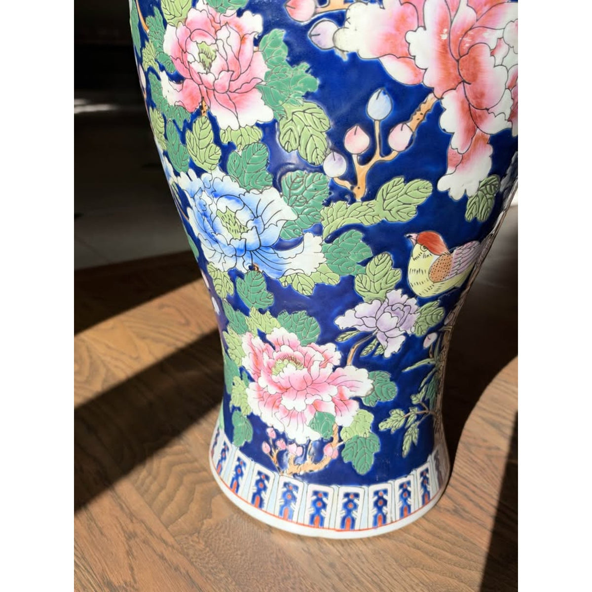 Pair of Chinese Cobalt Blue Porcelain Peony Bird Motif Fishtail Vases 25 inch