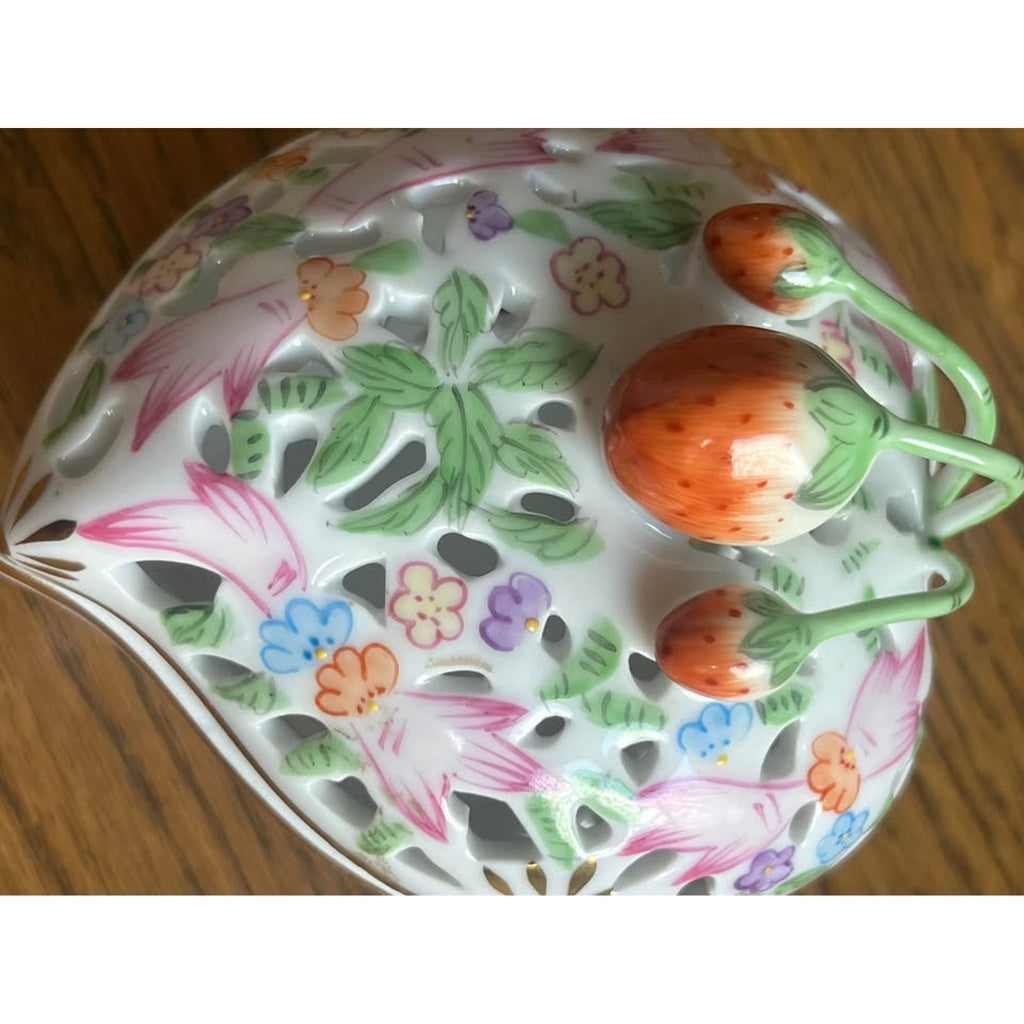 Sweet Porcelain Strawberry Heart Trinket Dish / Covered Box