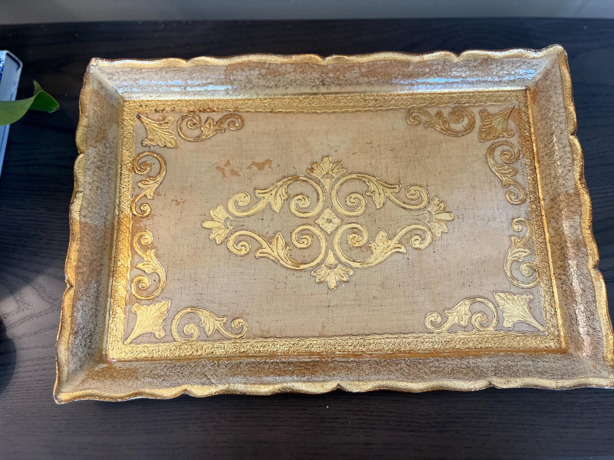 Vintage Florentine Style Gold White Decorative Tray