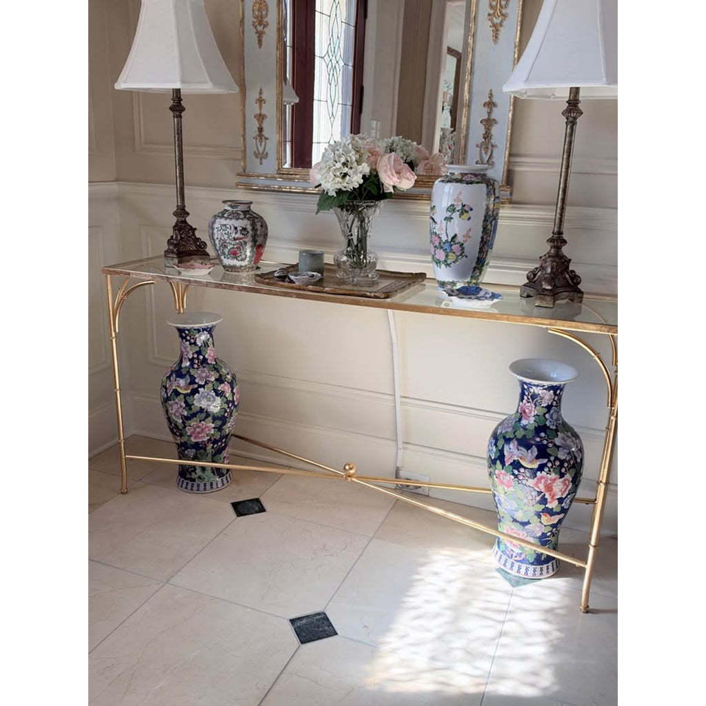 Pair of Chinese Cobalt Blue Porcelain Peony Bird Motif Fishtail Vases 25 inch