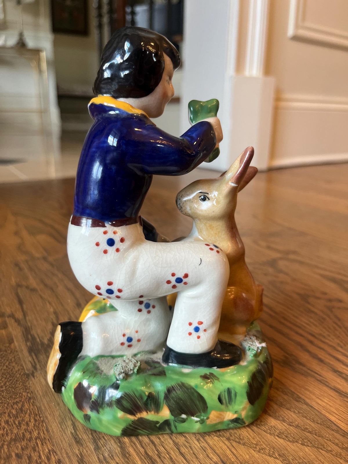 Vintage Staffordshire Style Boy & Rabbit Ceramic Figurine