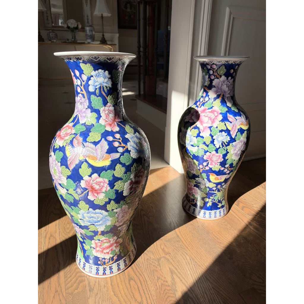 Pair of Chinese Cobalt Blue Porcelain Peony Bird Motif Fishtail Vases 25 inch