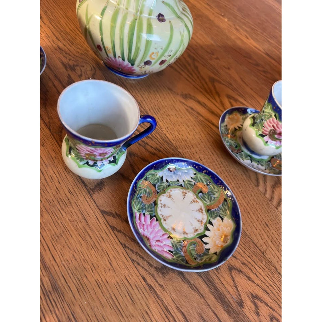 Nippon Hand Painted Cobalt Blue & Pink Flowers Pitcher with Three Cup & Saucers