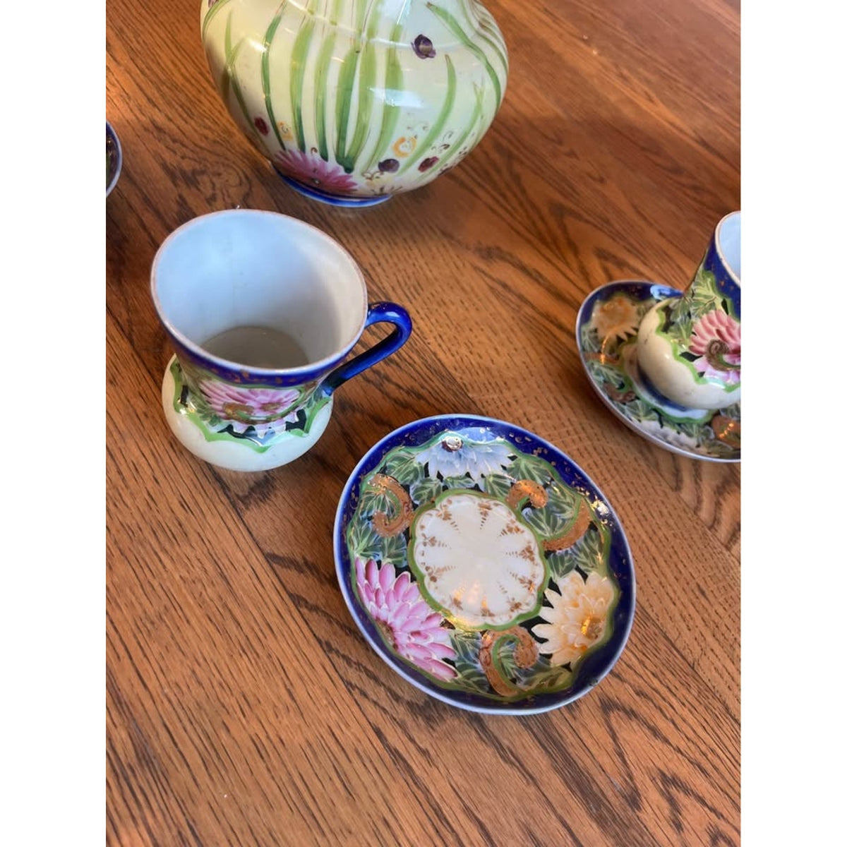 Nippon Hand Painted Cobalt Blue & Pink Flowers Pitcher with Three Cup & Saucers