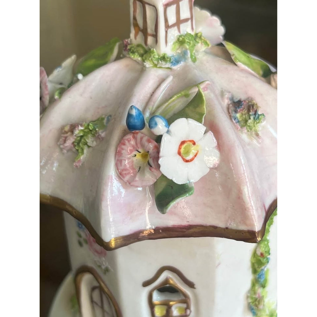 Vintage Staffordshire-Style Porcelain Cottage Pastille Burner with Applied Flowers