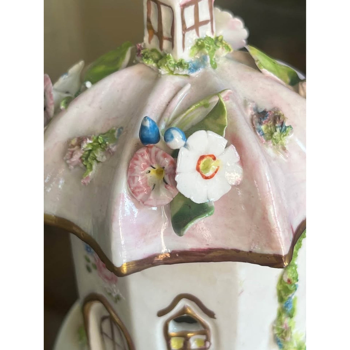 Vintage Staffordshire-Style Porcelain Cottage Pastille Burner with Applied Flowers