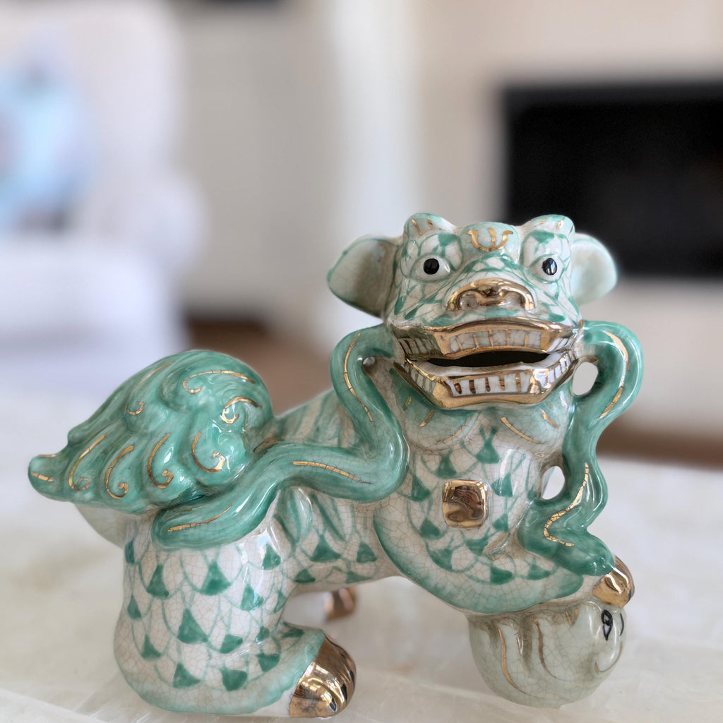 Teal and White Fishnet Fishscale Chinese Porcelain Foo Dog Figurine Pair Bookends