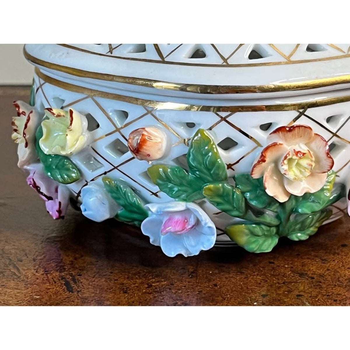 Vintage KPM-Marked Porcelain Floral Pierced Trinket Box