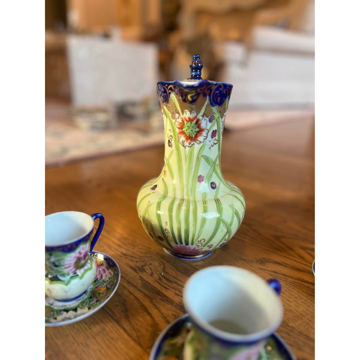 Nippon Hand Painted Cobalt Blue & Pink Flowers Pitcher with Three Cup & Saucers