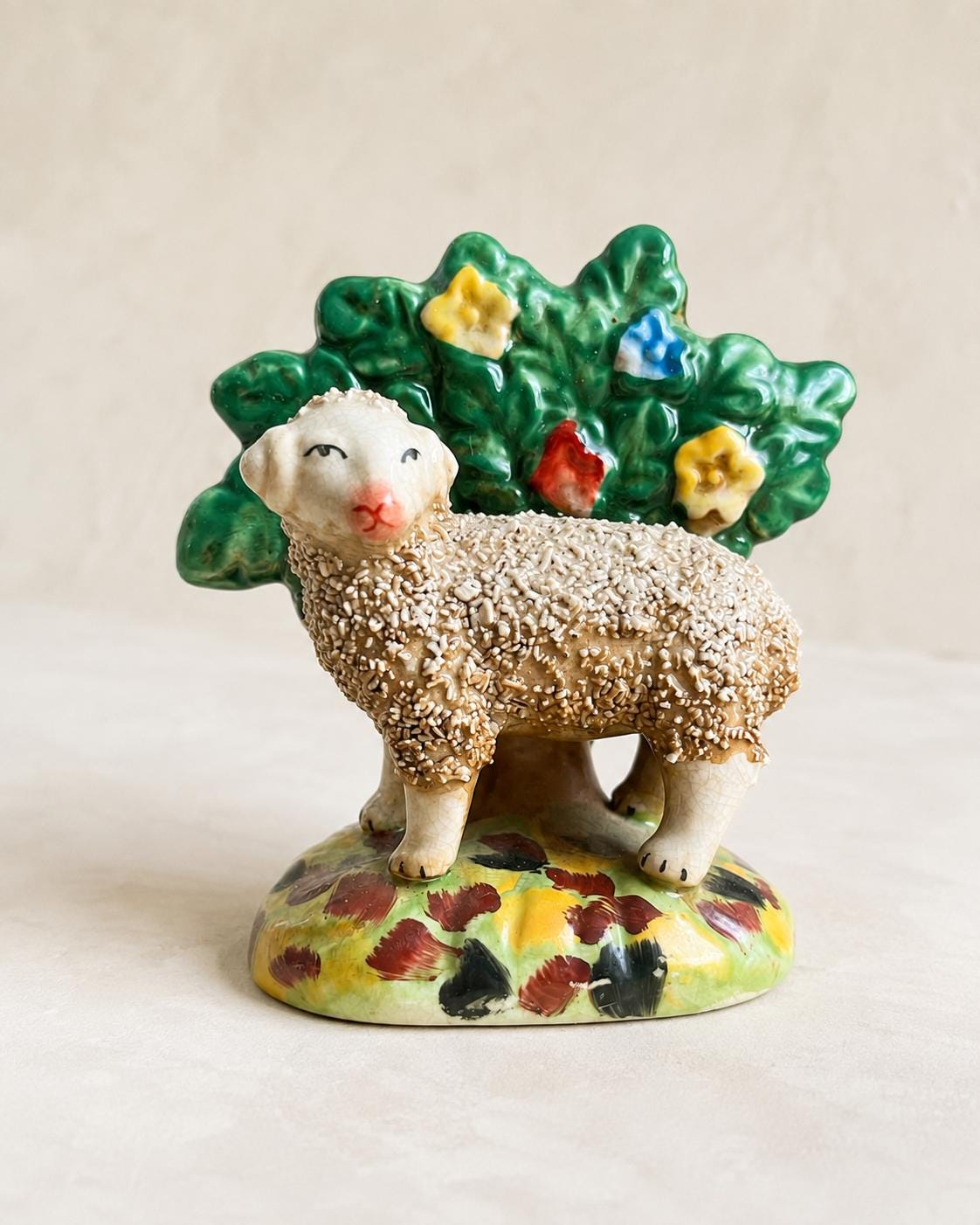 Vintage Staffordshire Style Sheep Figurine with Wood Stand