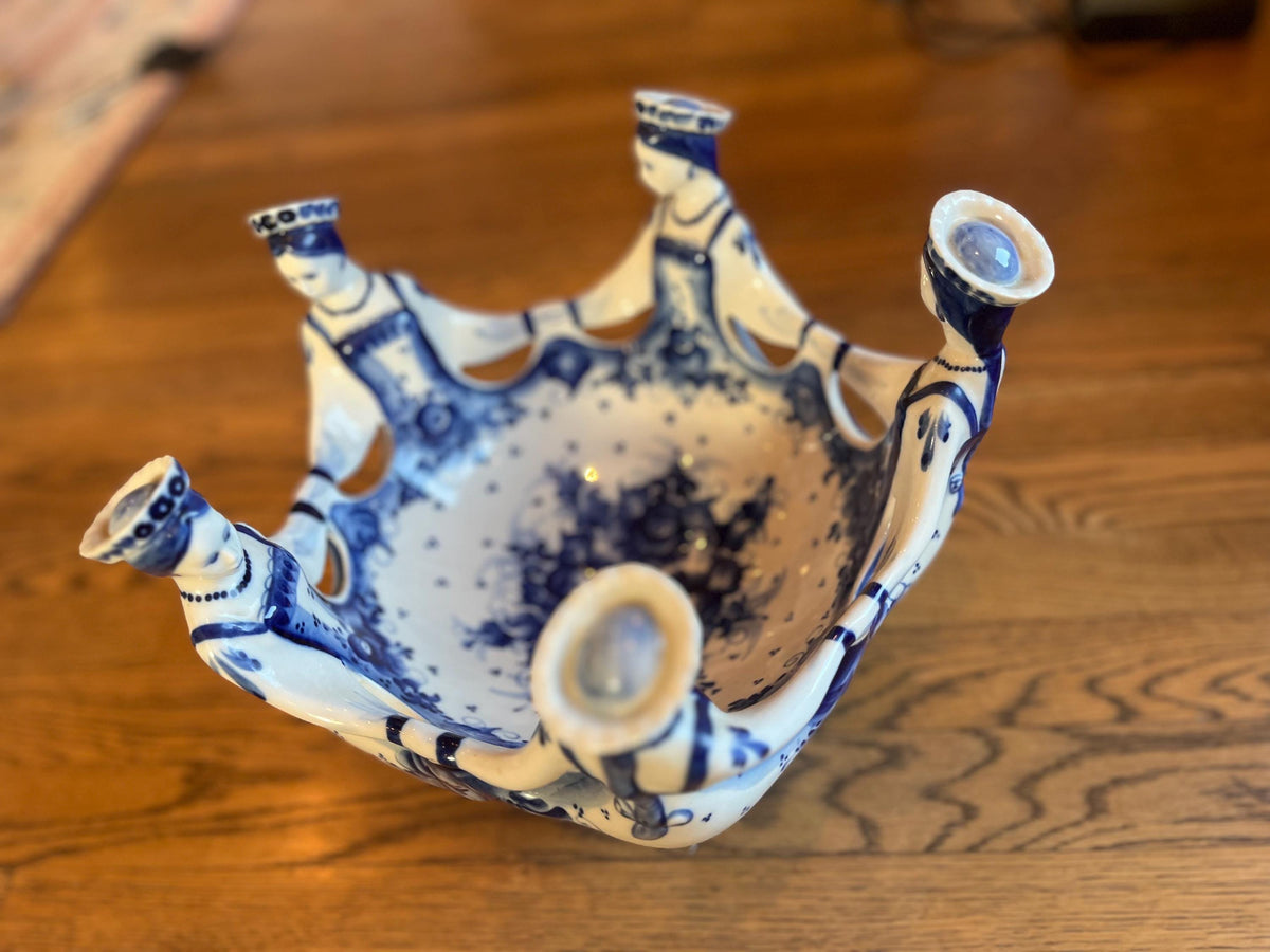 Vintage Russian Gzhel Porcelain Bowl | Hand-Painted Dancing Women, Blue Floral (12 Inch)