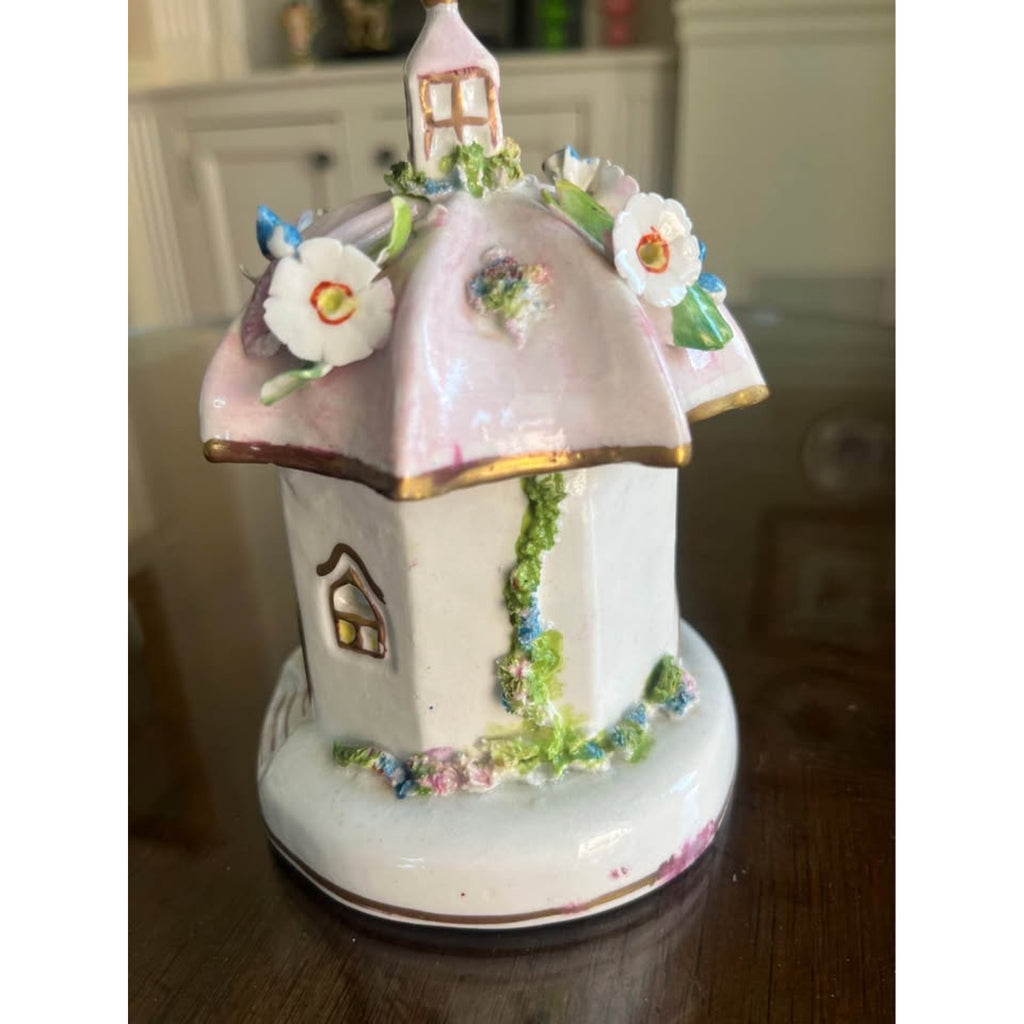 Vintage Staffordshire-Style Porcelain Cottage Pastille Burner with Applied Flowers