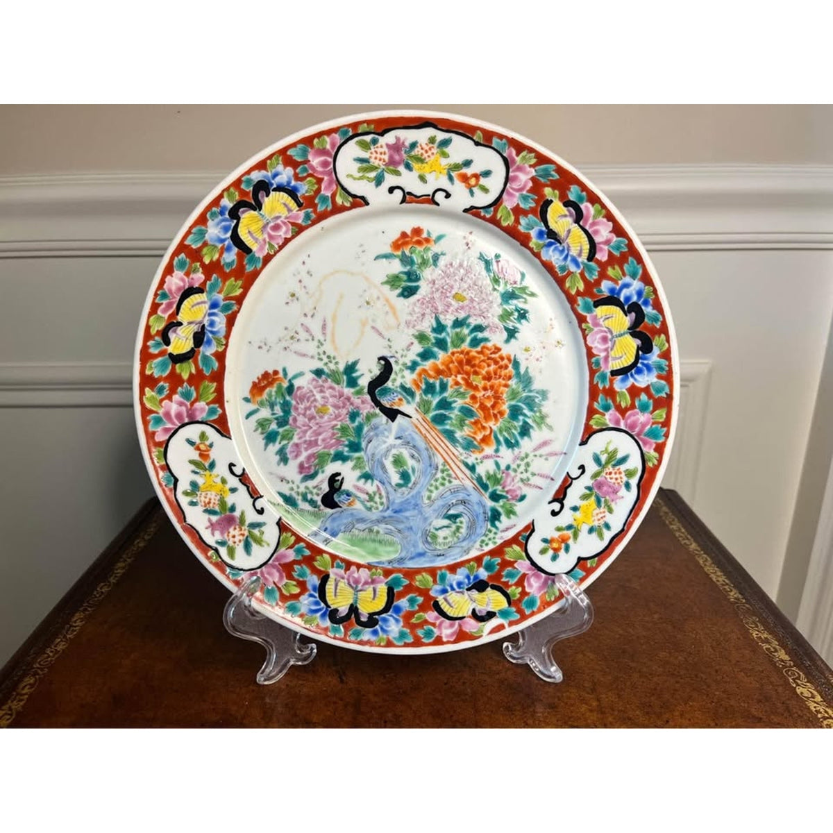 Pair Vintage Chinese Famille Rose Peacock & Floral Porcelain Plates