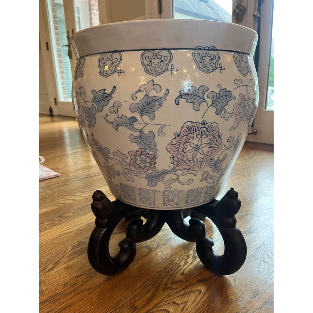 VERY LARGE Blue & White Chinoiserie Fishbowl Planter with Wood Stand