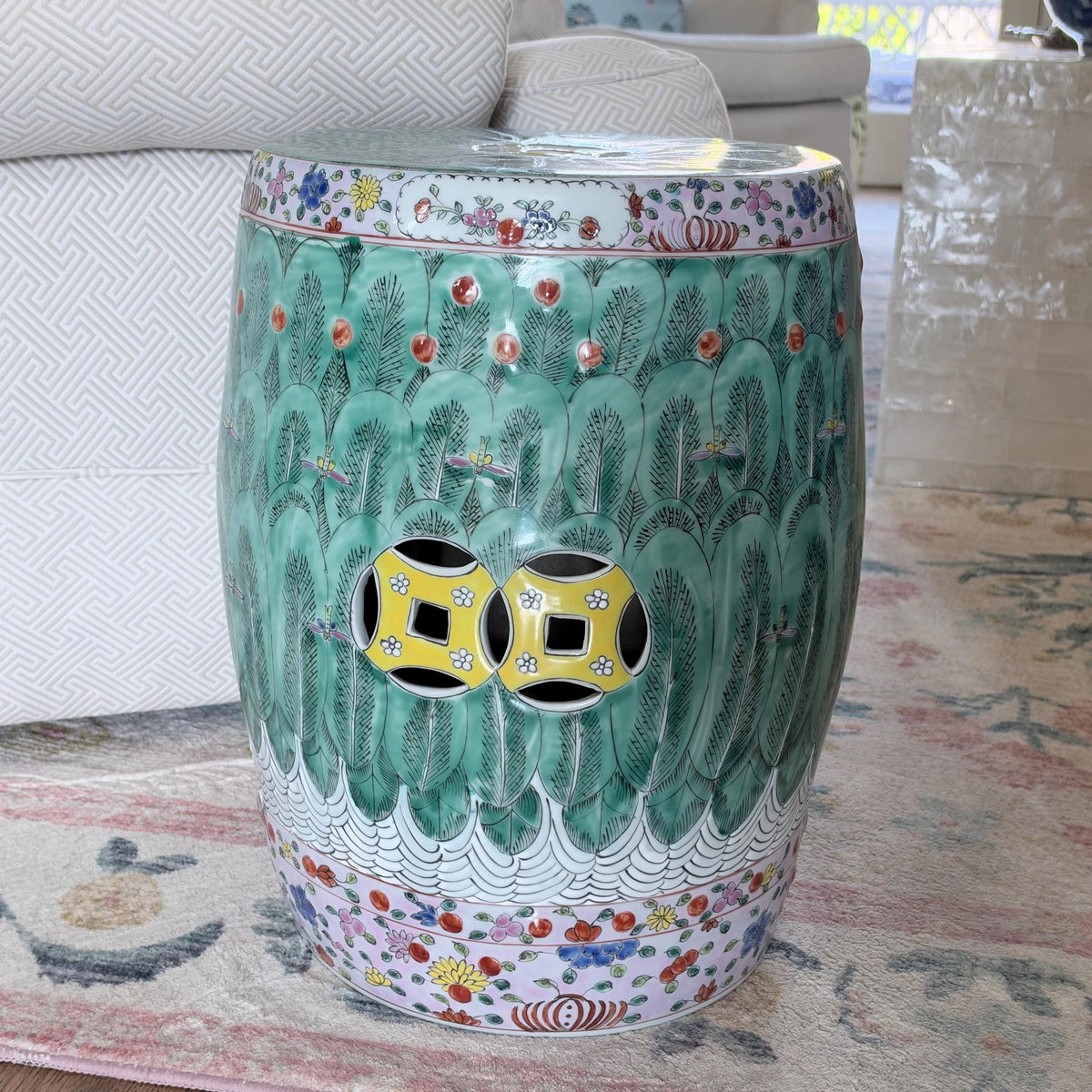 Chinese Famille Verte Bok Choy Garden Drum Stool with Coin Motif