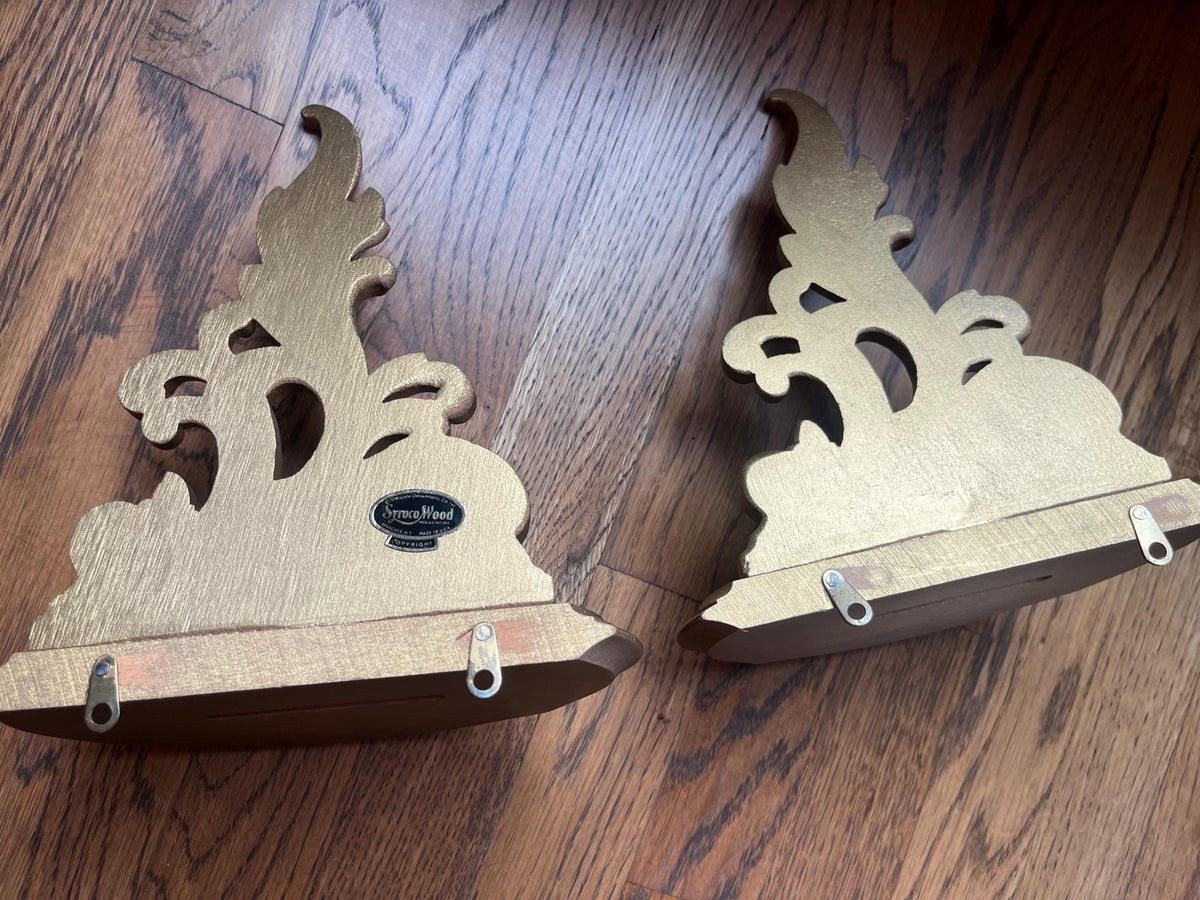 Pair Vintage Syroco Wood Gold Wall Shelve, Hollywood Regency