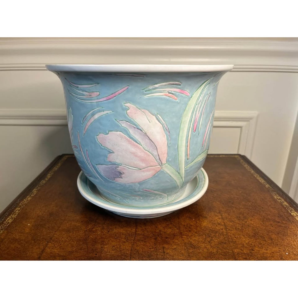 Vintage Pastel Blue Floral Ceramic Planter with Saucer