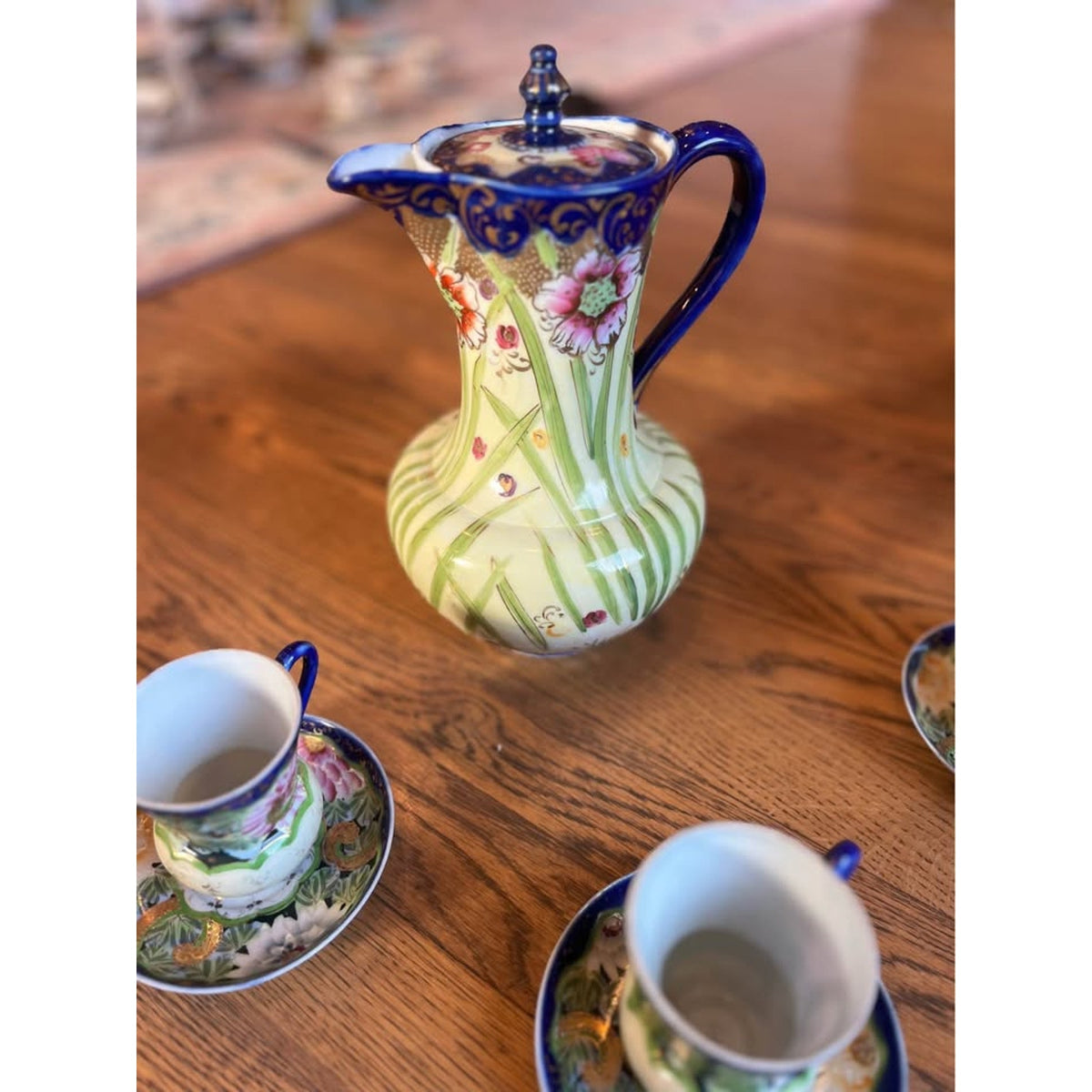 Nippon Hand Painted Cobalt Blue & Pink Flowers Pitcher with Three Cup & Saucers