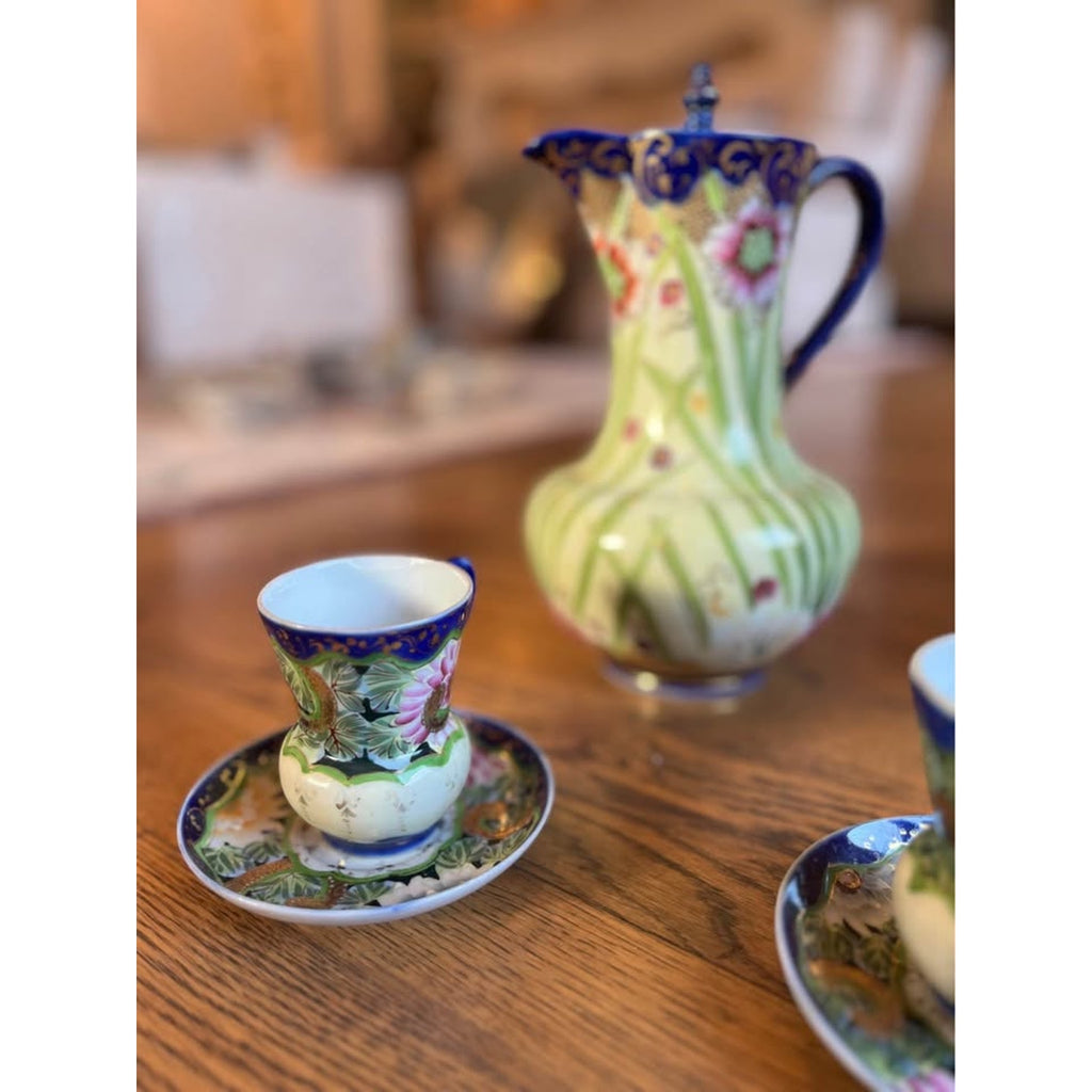 Nippon Hand Painted Cobalt Blue & Pink Flowers Pitcher with Three Cup & Saucers