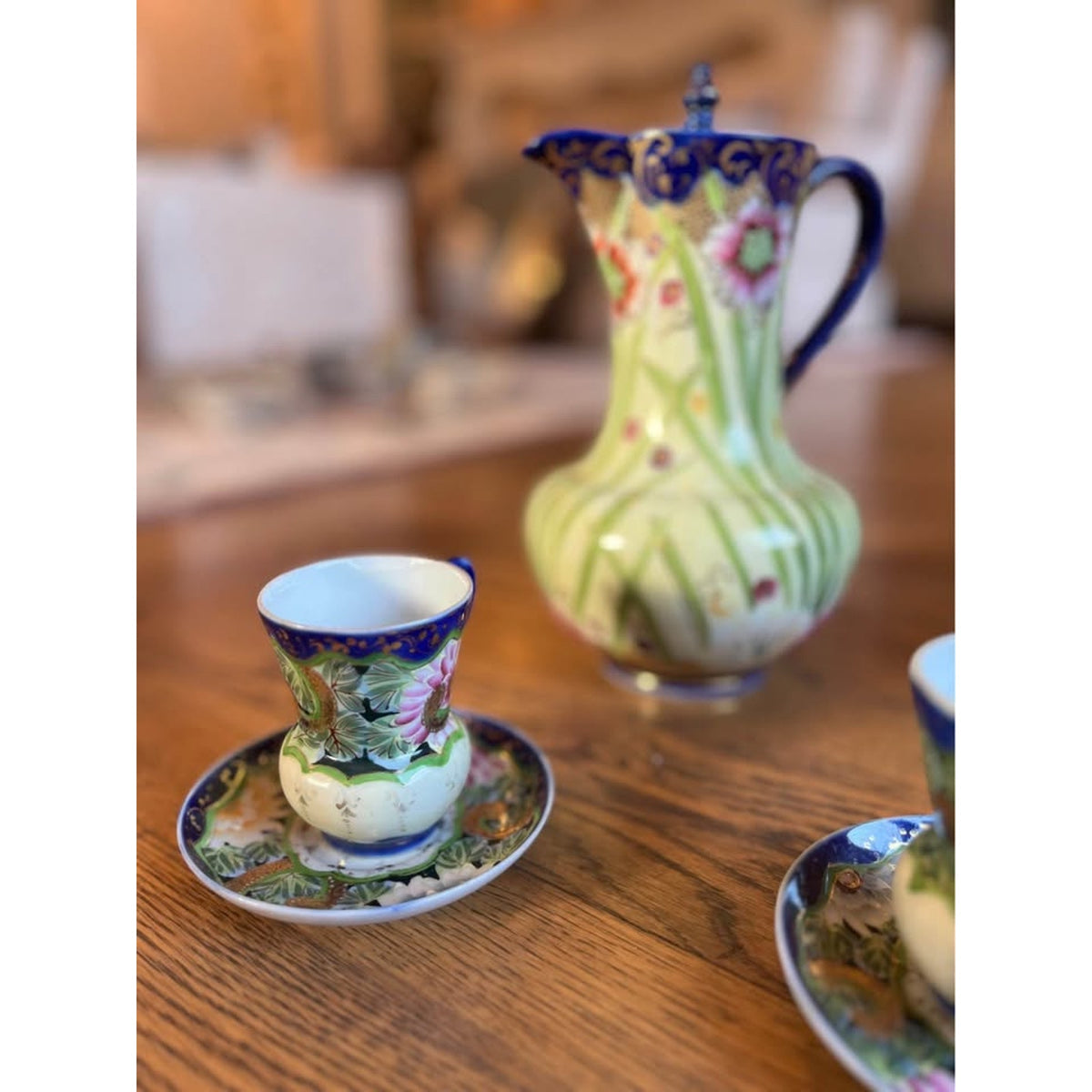 Nippon Hand Painted Cobalt Blue & Pink Flowers Pitcher with Three Cup & Saucers