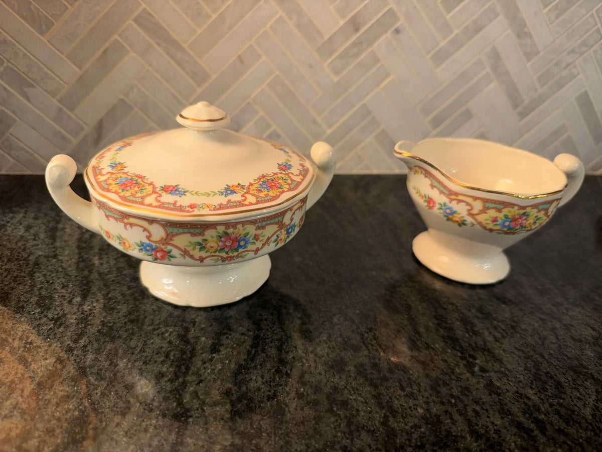 Vintage Floral Cream & Covered Sugar Set  Ivory Porcelain with Gold Trim